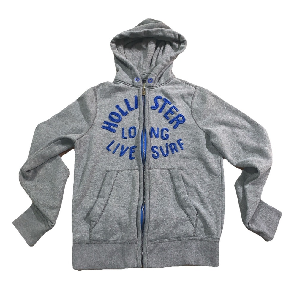 Y2K Hollister Full Zip Hoodie Large Grey Embroidered long live Surfer Gray‎ Blue